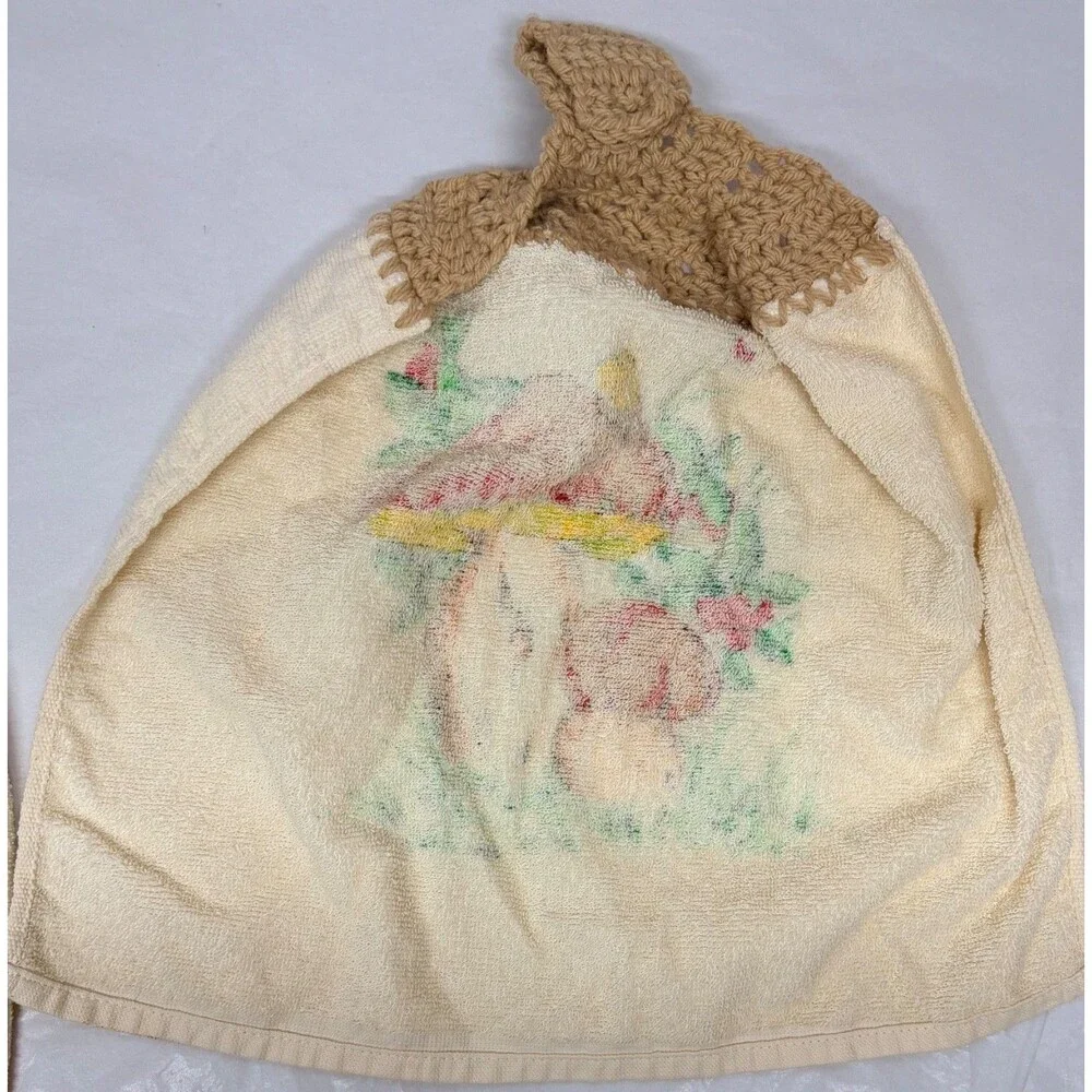 Vintage Mushroom Hanging Kitchen Hand Towels Crocheted 1970s Grannycore Pair